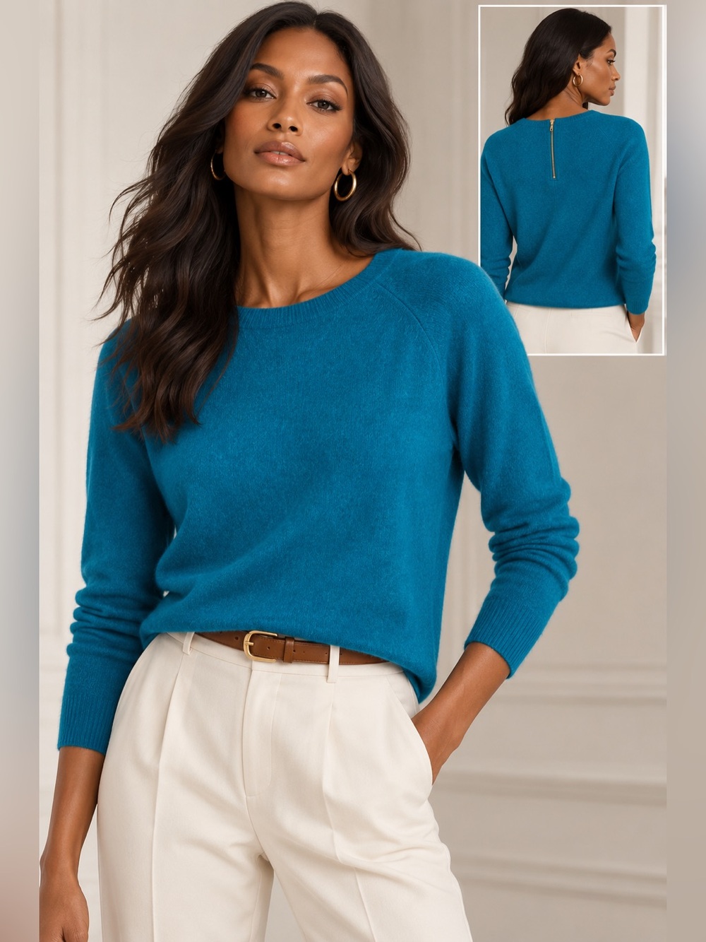 Halogen 100% Cashmere Teal Crewneck Sweater M Half Zip Bac